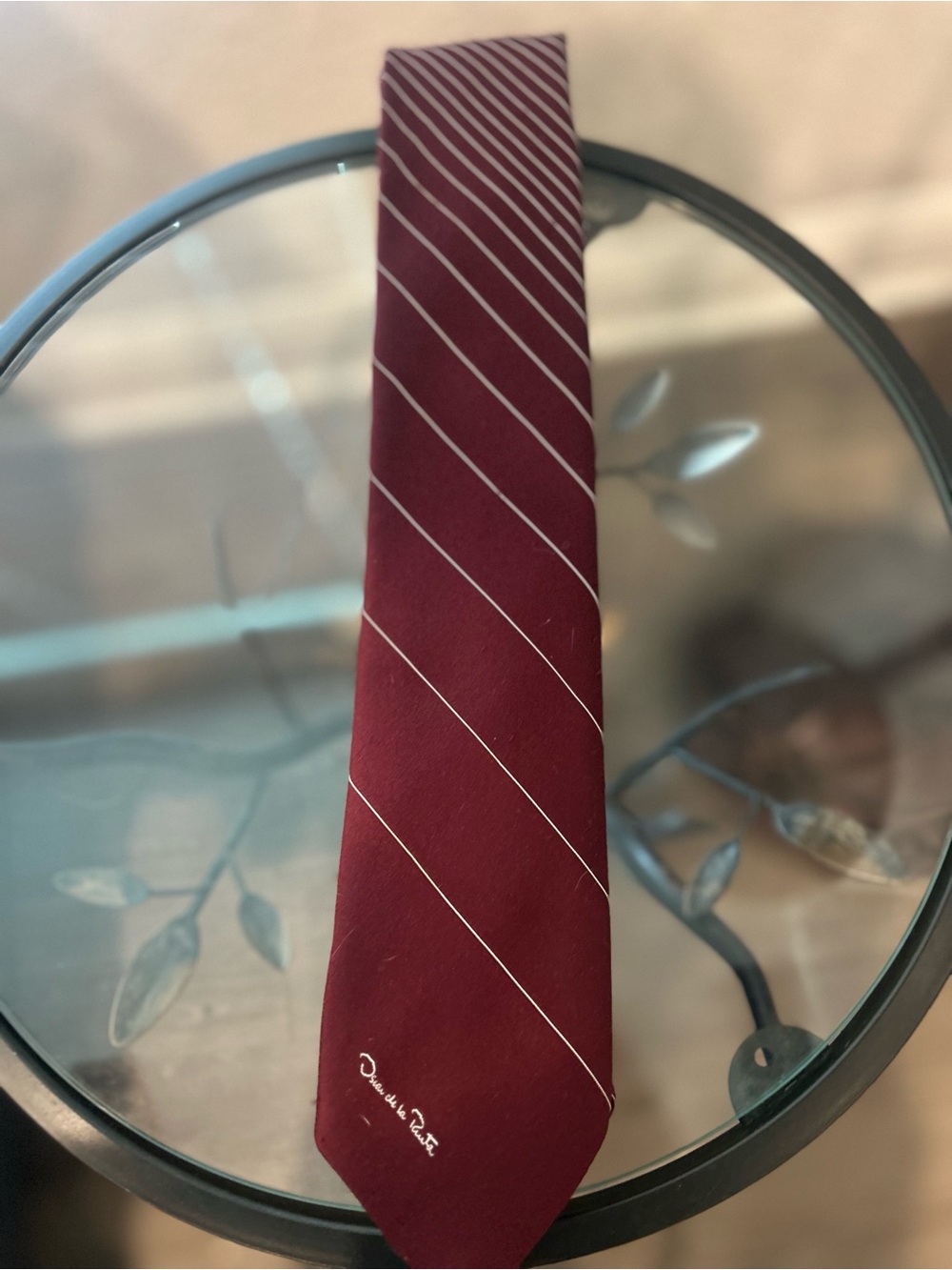 Oscar de la Renta Burgundy Tie with Diagonal Silver Stripes